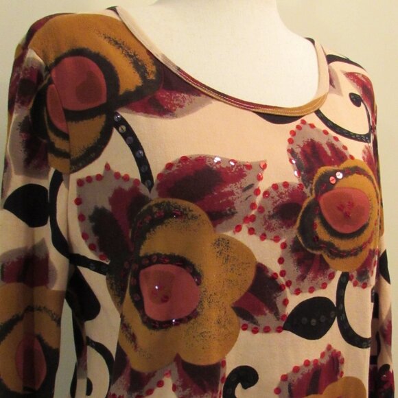 Monroe & Main Sequined Floral Cotton 3/4 Sleeve Autumn Colors Top - Picture 7 of 16